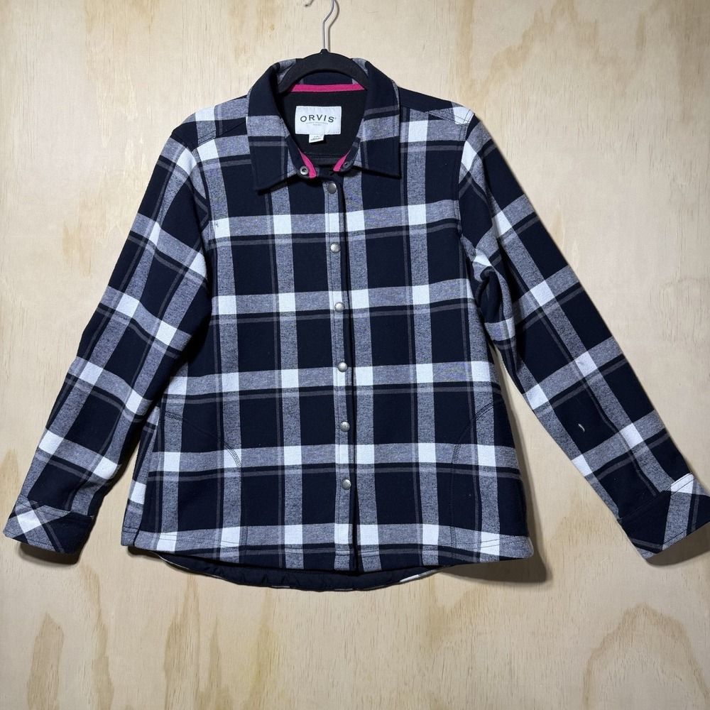 Orvis Plaid Jacket Womens Large Black White Snap Front Shacket Outdoor